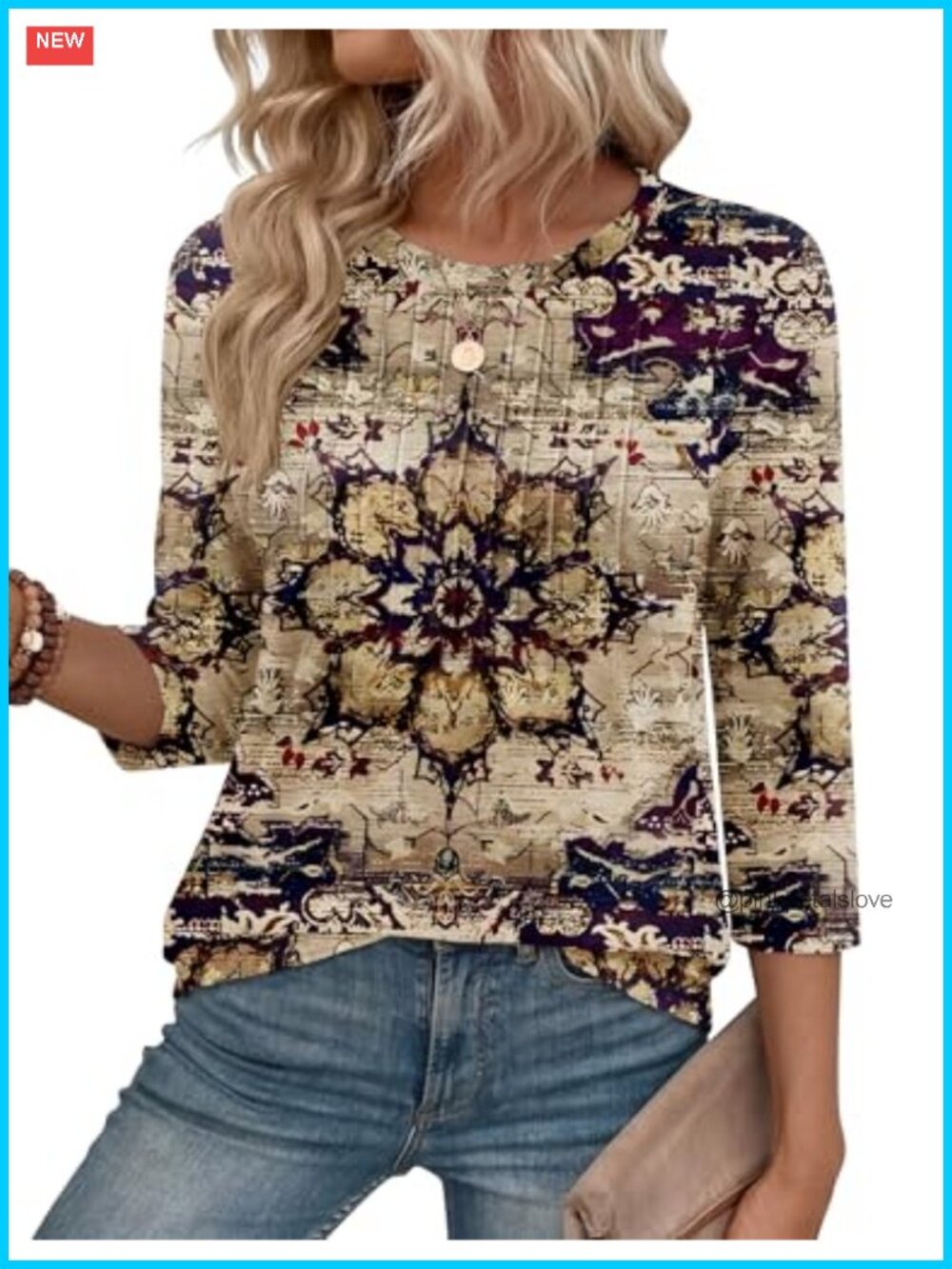 Women's 3/4 Sleeve Pleated Tunic Top Crew Neck Casual Work Blouse